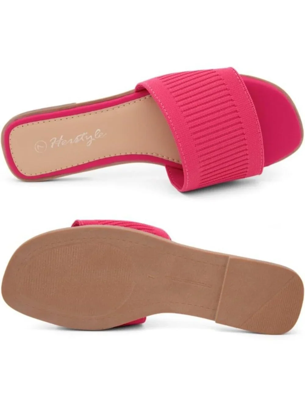 Women's Fuchsiakn Knit Slides Flats Square Open Toe Slip On Dressy Summer Shoes